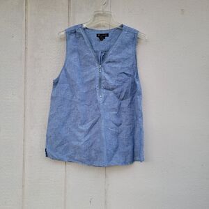INC Linen Blouse Women's 12 Blue Sleeveless Vneck Lightweight Breathable